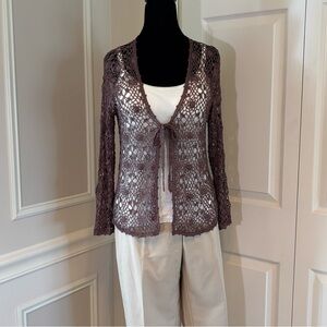 Joseph A 70’s Chocolate Brown Open Front Long Sleeve Crochet Cardigan Boho Chic